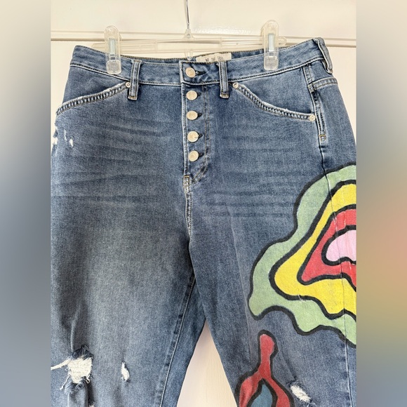 We The Free Button Fly Boot Cut Distressed Jeans Painted Swirls Raw Hem Size 31 - Picture 2 of 8